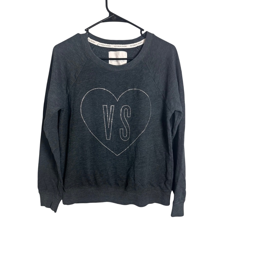 Victoria's Secret Charcoal Gray Rhinestone Heart VS Logo Raglan Sweatshirt M